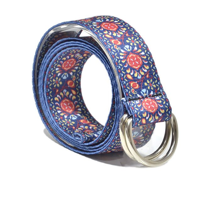 Women New Double Ring Buckle Retro Patterned Canvas Belt