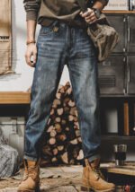 Men's Retro Washed Distressed Jeans, Loose Straight Fit Casual Denim Pants, Durable Cotton Workwear Jeans for Men