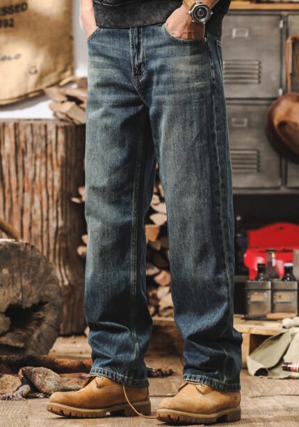 Men's Vintage Washed Straight-Leg Jeans, Retro Loose Fit Casual Denim Pants, Durable Cotton Workwear Jeans for Daily Wear