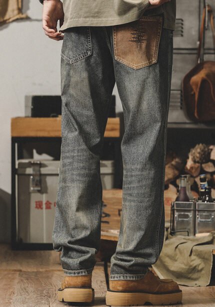 Men's Vintage Washed Straight-Leg Jeans Retro Distressed Loose Fit Denim Pants