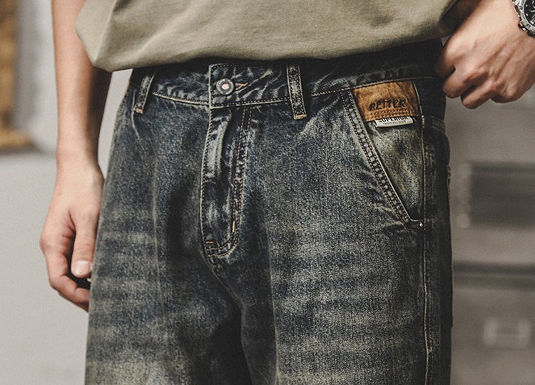 Men's Vintage Washed Straight-Leg Jeans Retro Distressed Loose Fit Denim Pants